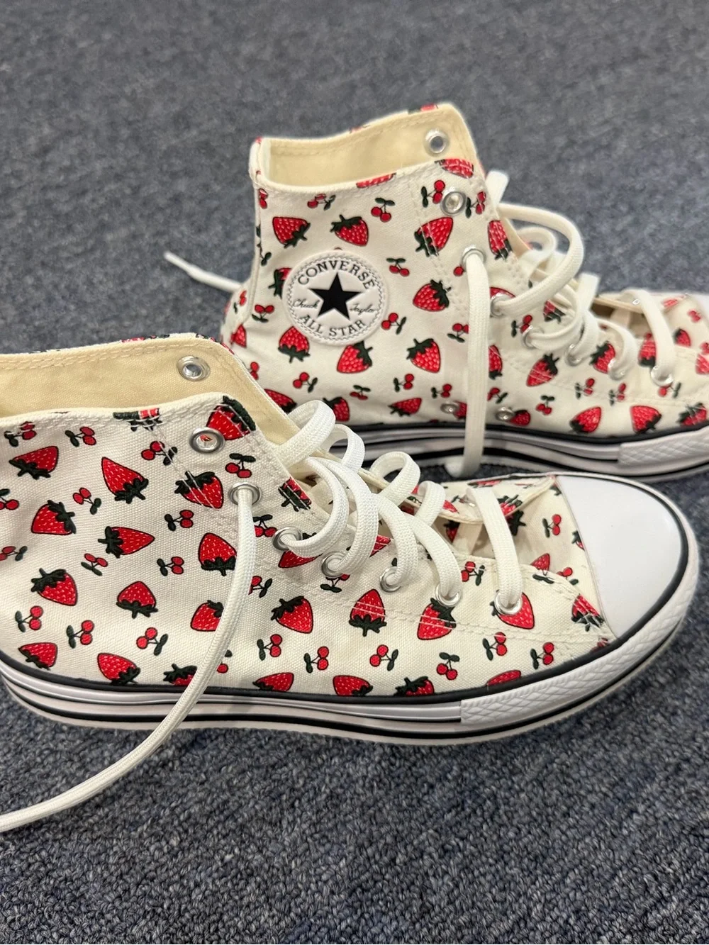 Converse Cream High-Top Sneakers with Red Strawberry and Cherry Print